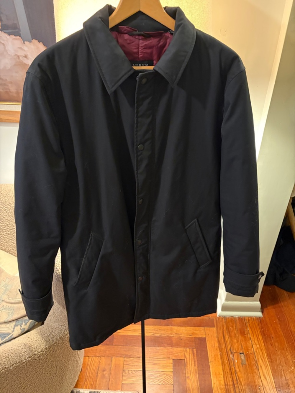 Lauren Ralph Lauren Black Trench Coat with Burgundy Lining